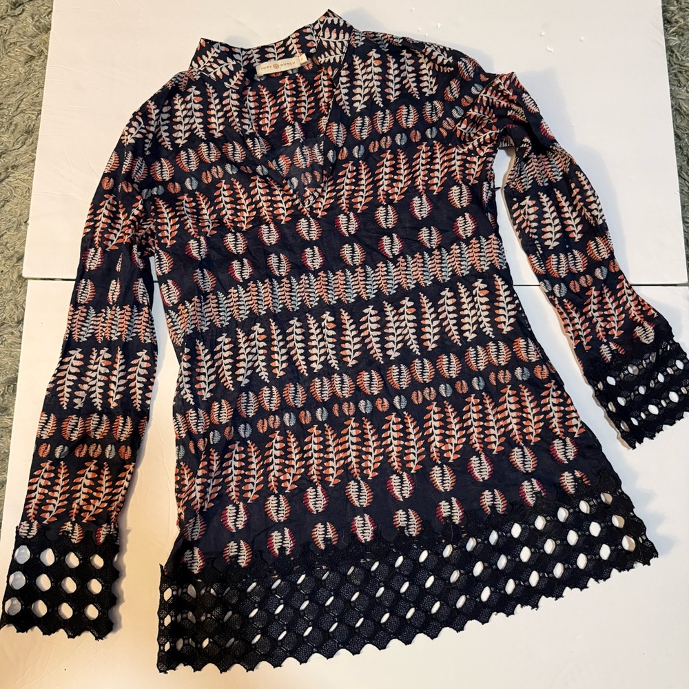 Boho hippie festival Tunic Size 4 Tory Burch crochet trim Navy Orange Leaf Print